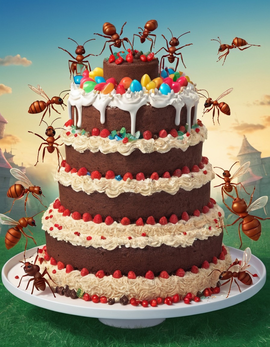 ants, giant, birthday cake, feast, bizarre, insects, consumption