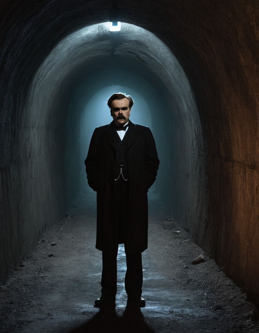 friedrich nietzsche, philosopher, underground tunnel, defiant, portrait