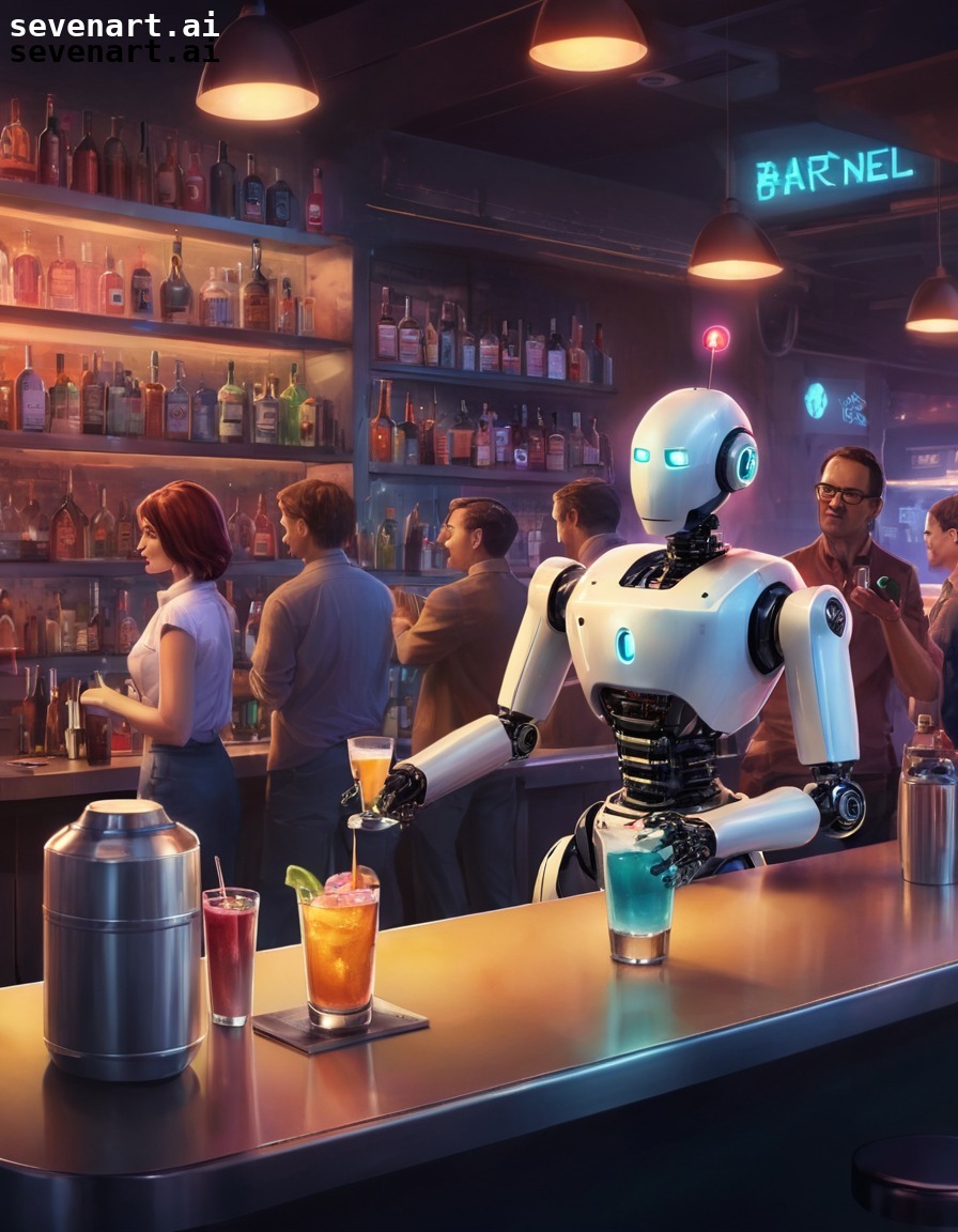 robotic bartender, space bar, diverse group, technology, sci-fi, robots