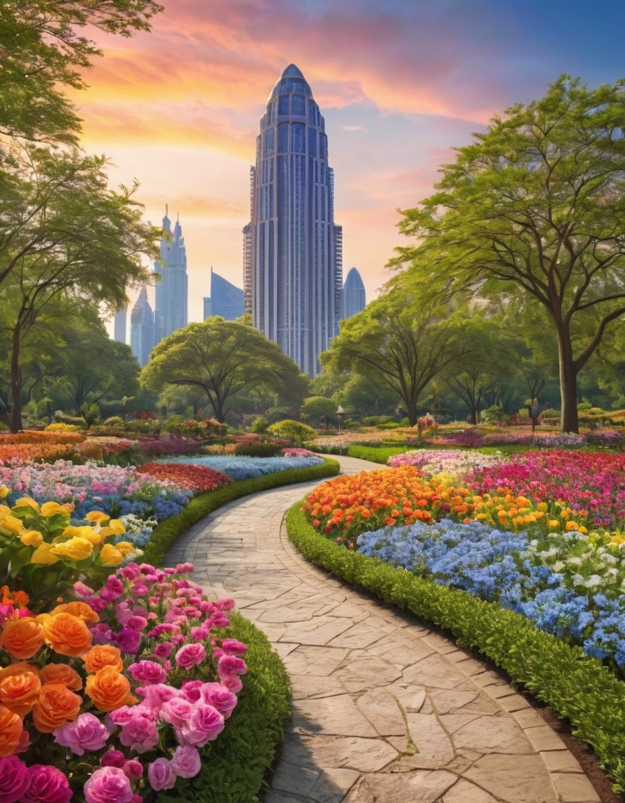 nature, park, flowers, skyscrapers, urban, tranquility, city