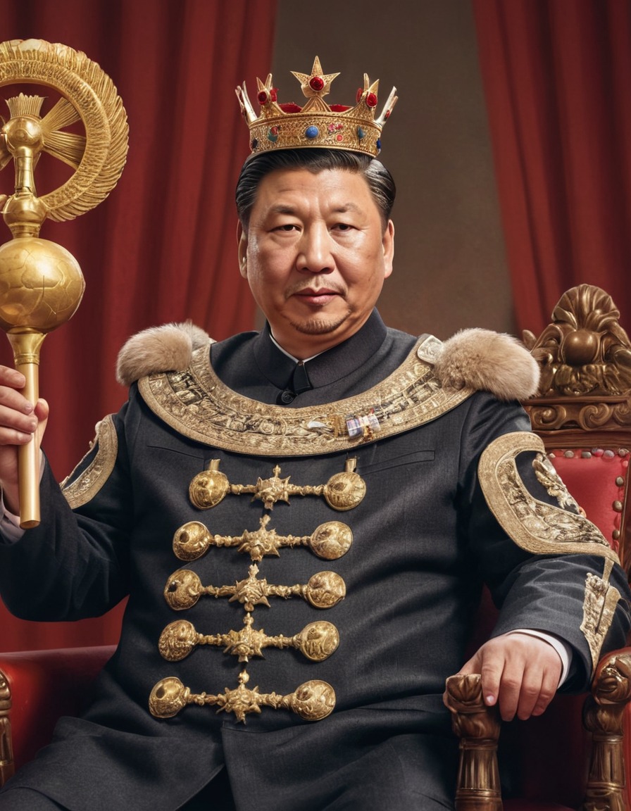 xi jinping, oversized crown, scepter, advisors, comical, politics, fun