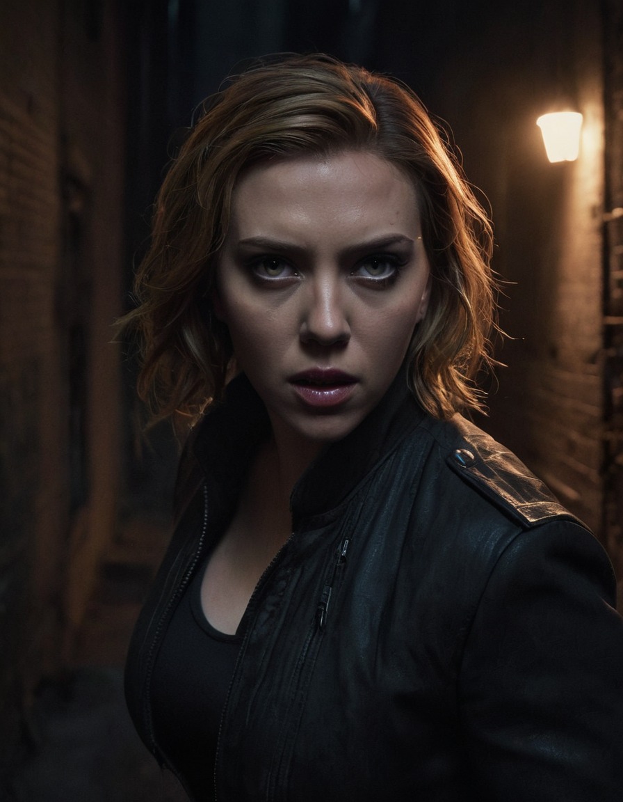 scarlett johansson, actress, undead, glowing eyes, sinister, dark alley, horror, zombie, celebrities