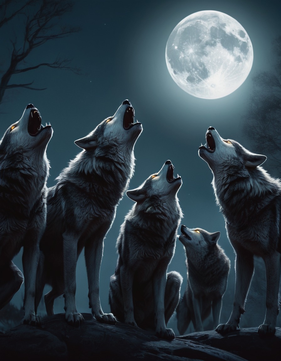 werewolves, full moon, pack, silver fur, howling