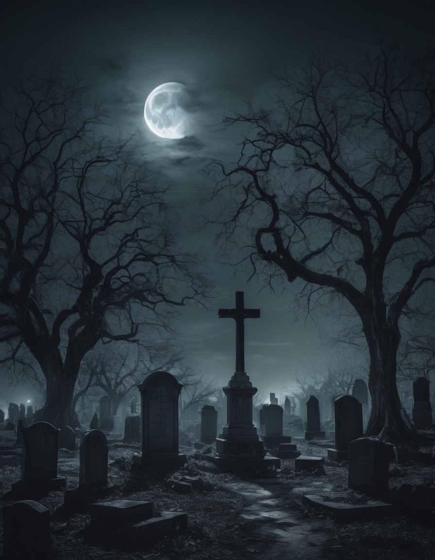 darkness, solitude, cemetery, moonlight, trees, headstones, gothic, underground, dark