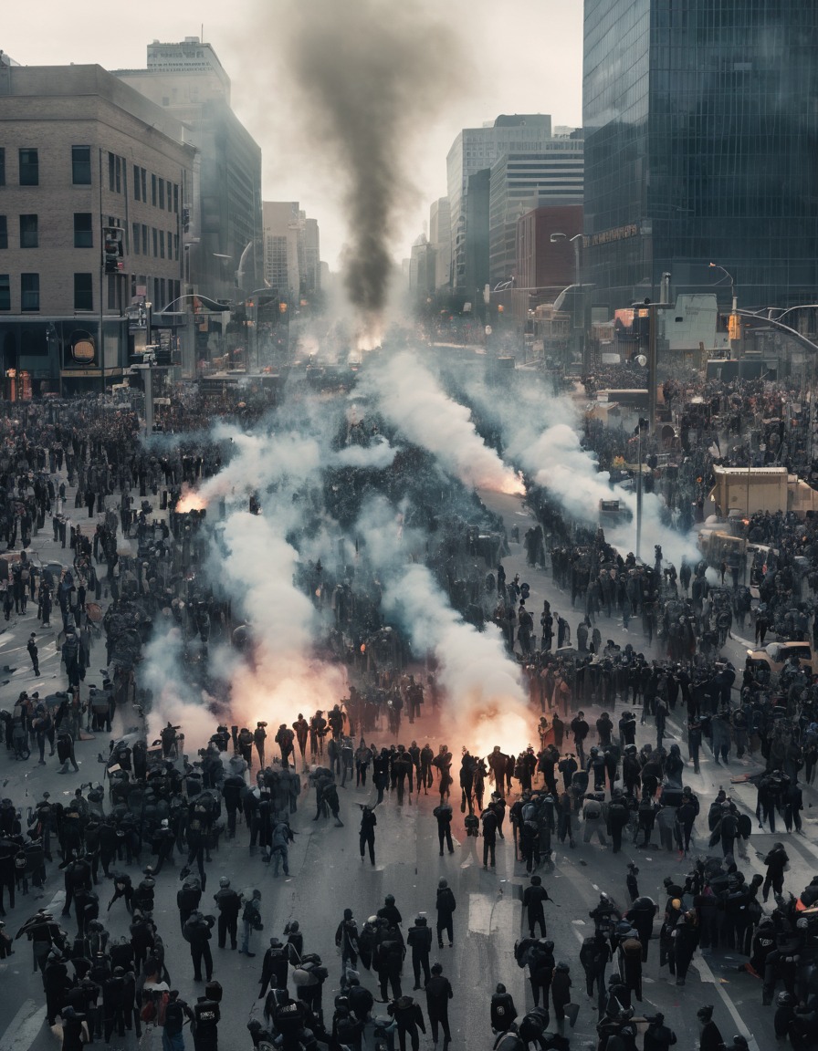 protest, tear gas, city intersection, crowd, unrest, war, usa