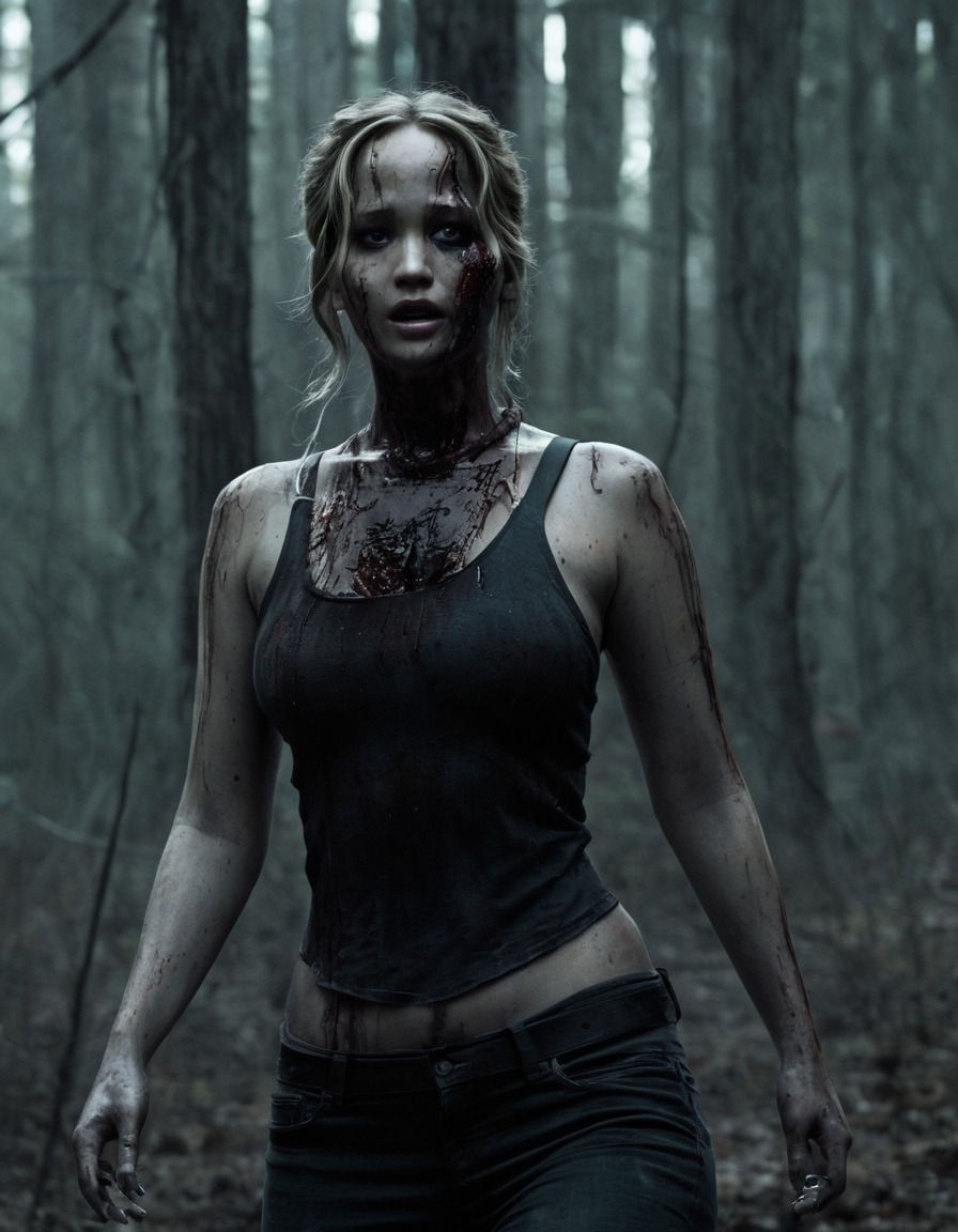 jennifer lawrence, zombie, forest, darkness, horror, celebrities