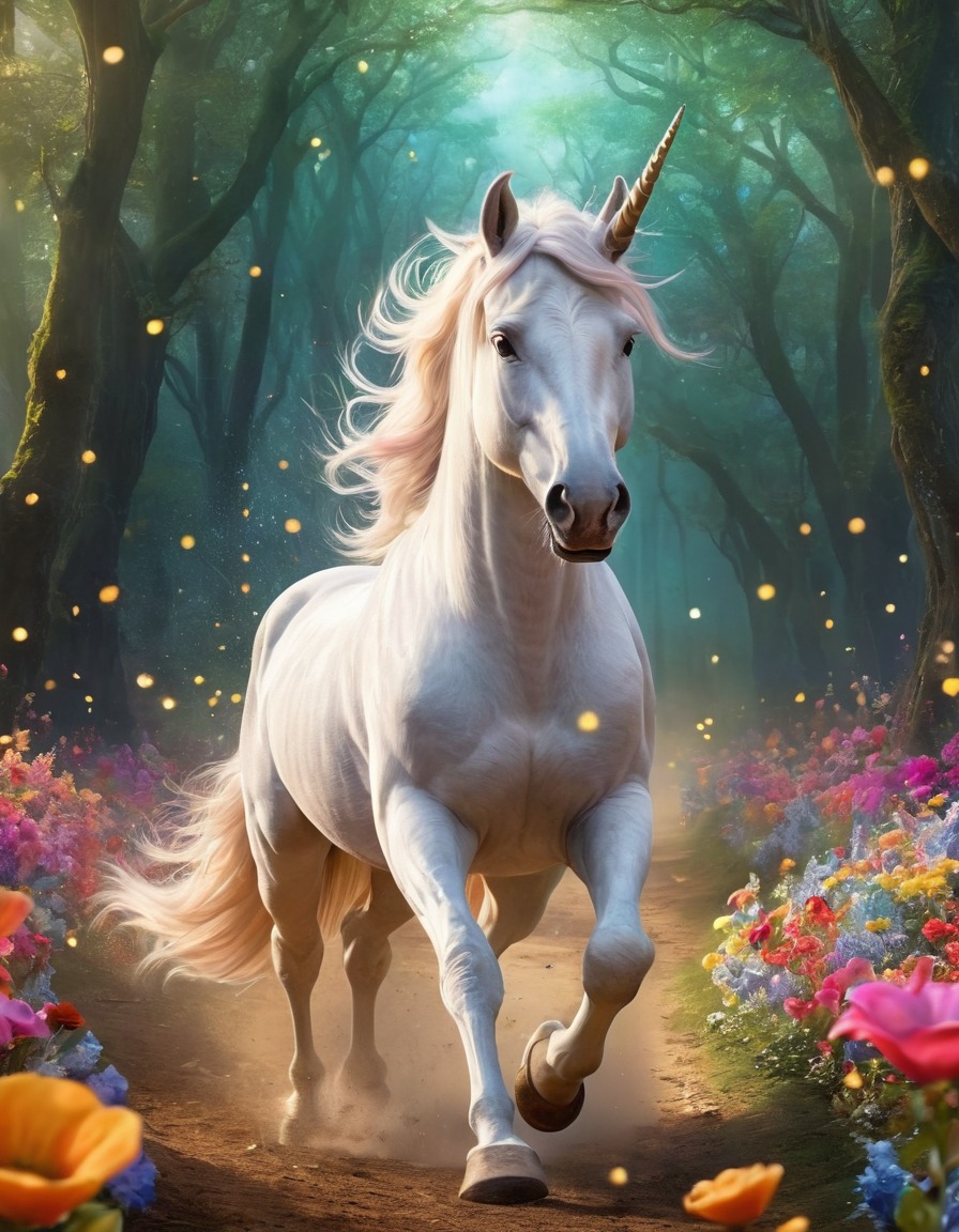 unicorn, magical, forest, flowers, fairy dust