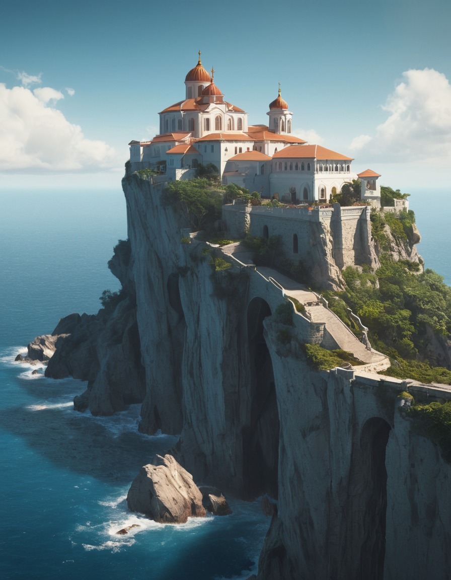 monastery, cliff, sea, peaceful, landscape