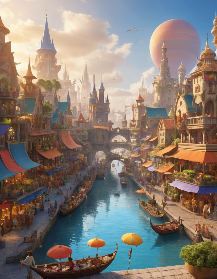 fantasy, marketplace, bustling, eccentric beings, colorful architecture, fantastic