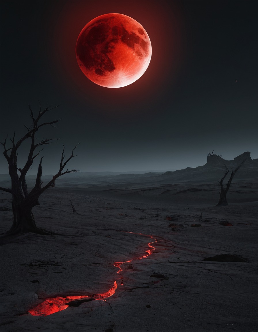 blood-red moon, unnatural glow, desolate landscape, lunar eclipse, night scene, gothic, underground, dark