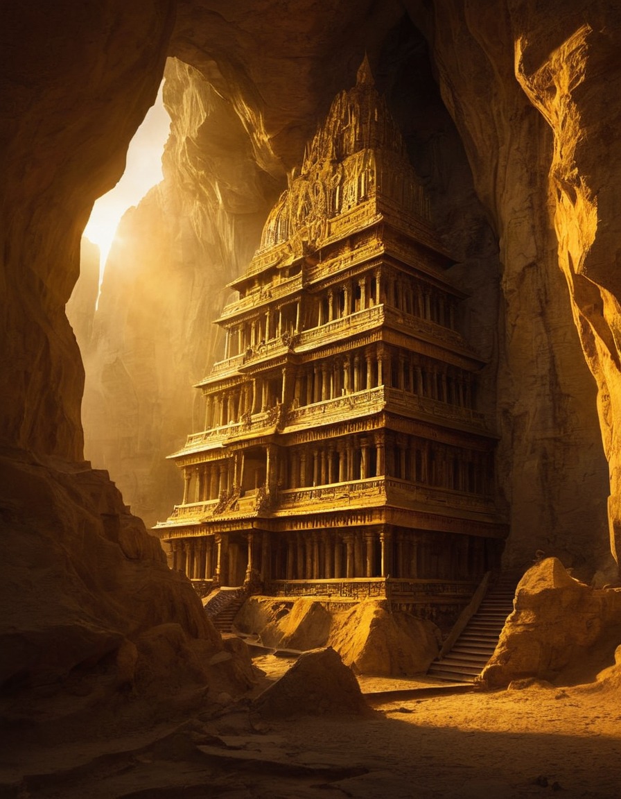 mystical, temple, cliff face, golden light