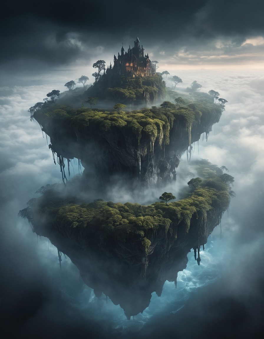 mystical, floating island, swirling mists, mystery, atmospheric, magic, enchanted