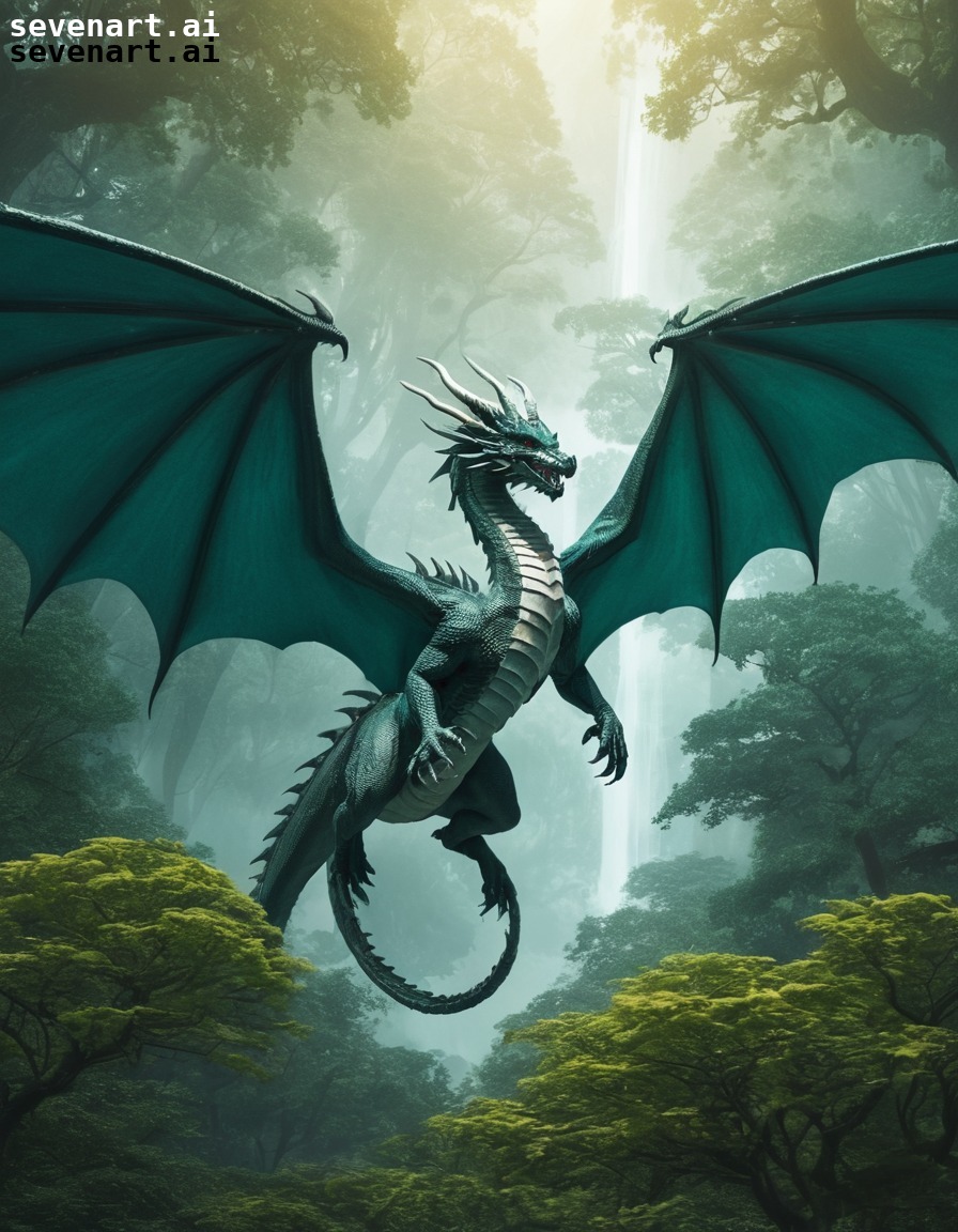 fantasy, mythical creature, dragon, forest, flying