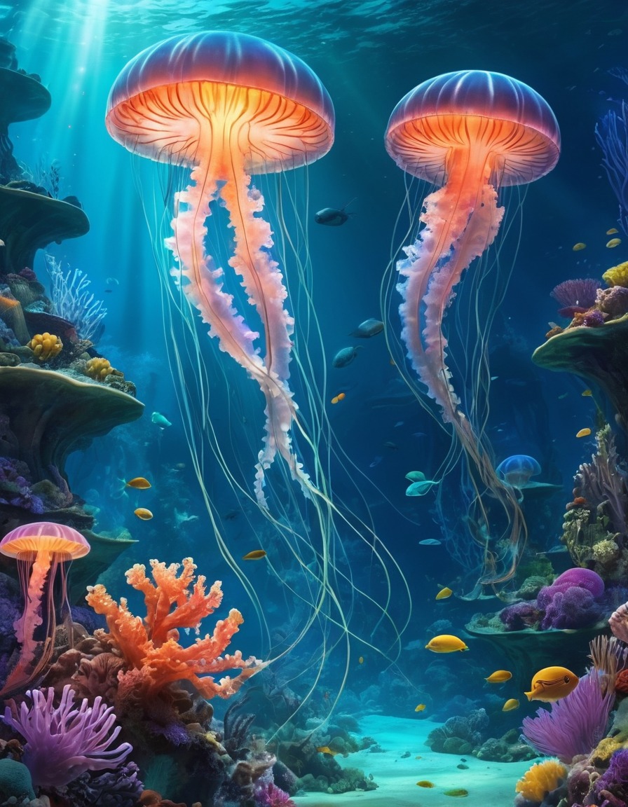 underwater, kingdom, bioluminescent, jellyfish, coral formations, aquatic beings, fantastic