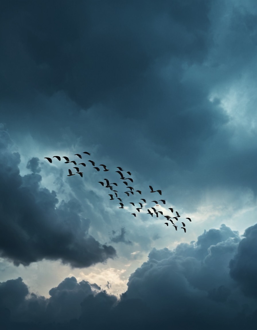 birds, flock, formation, stormy sky, dramatic