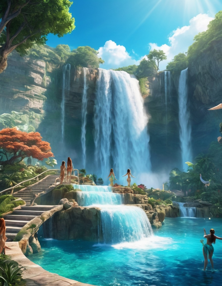 waterfall, mermaids, fantasy, nature, magic, mythical creatures, fantastic