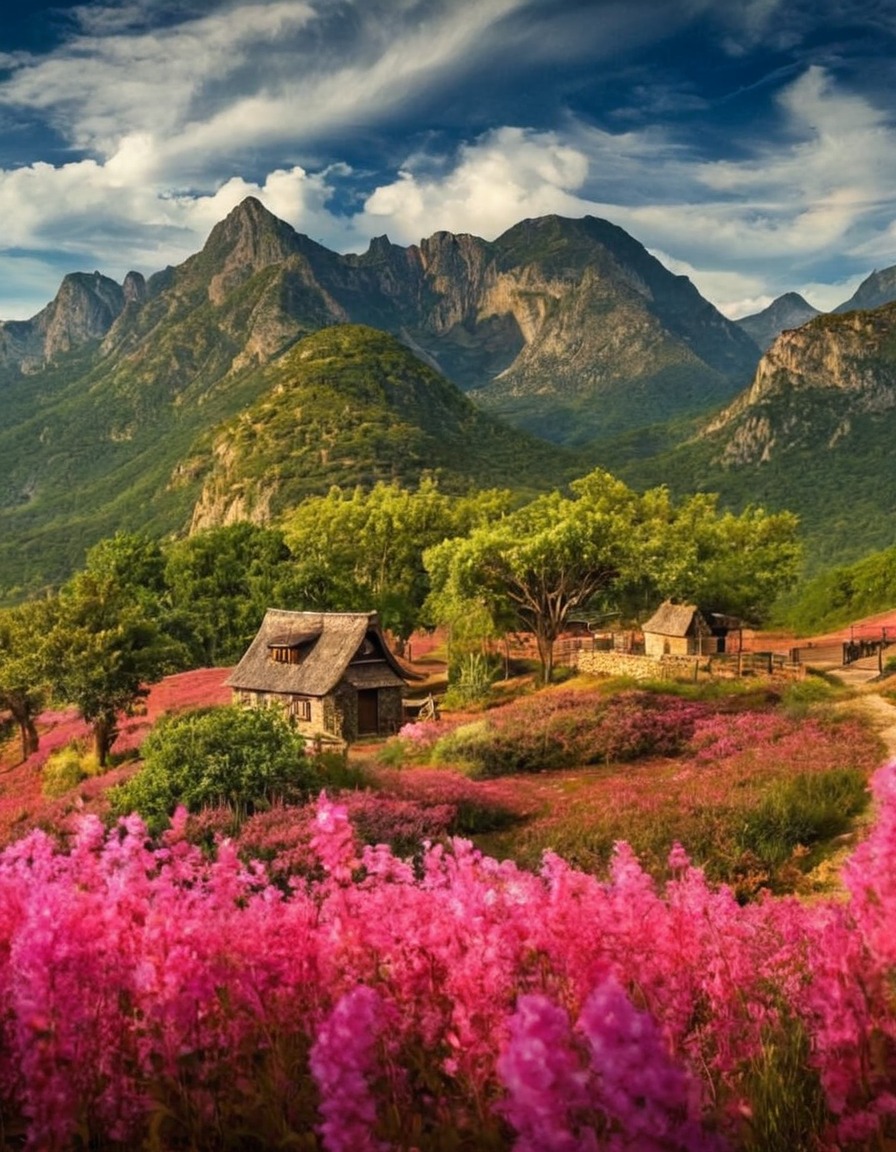 poland, landscape, mountain, cottage, pink flowers, wild flowers, path, nature, flowers, beautiful, petitworld favs