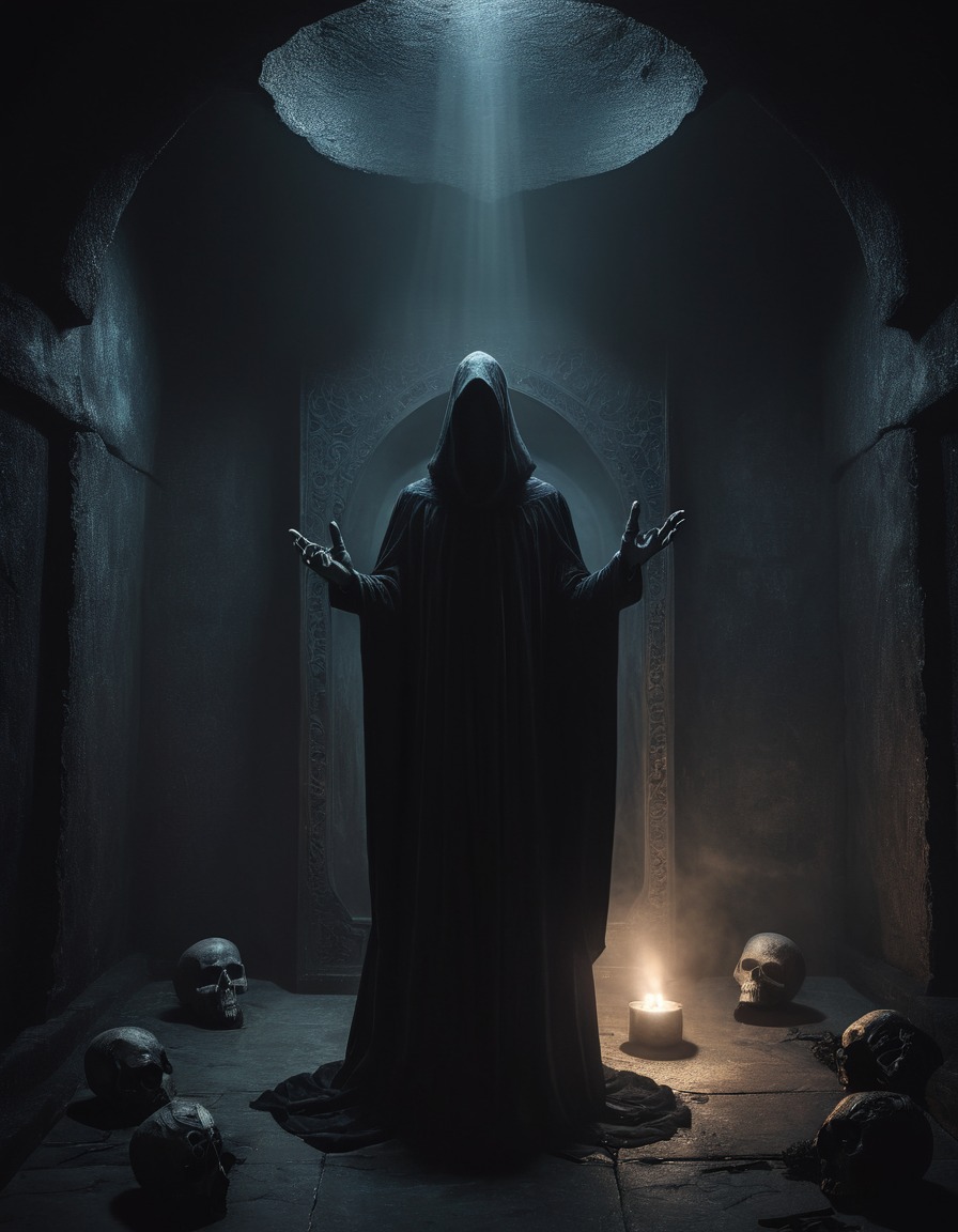 mysterious, cloaked figure, ritual, dimly lit chamber, occult, gothic, underground, dark