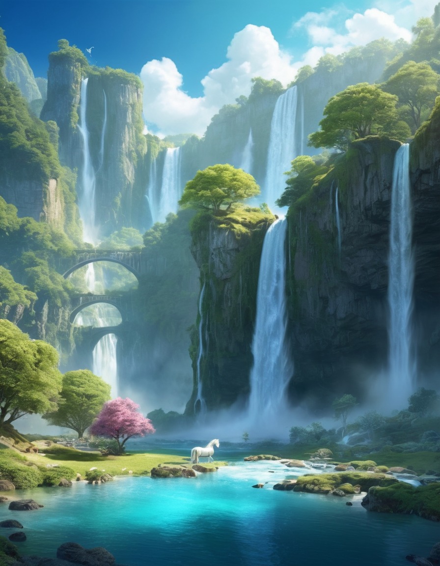 fantasy, unicorns, valley, waterfalls, fantastic