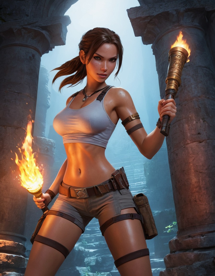 lara croft, explorer, adventure, ancient ruins, torch, archaeology, anime, games