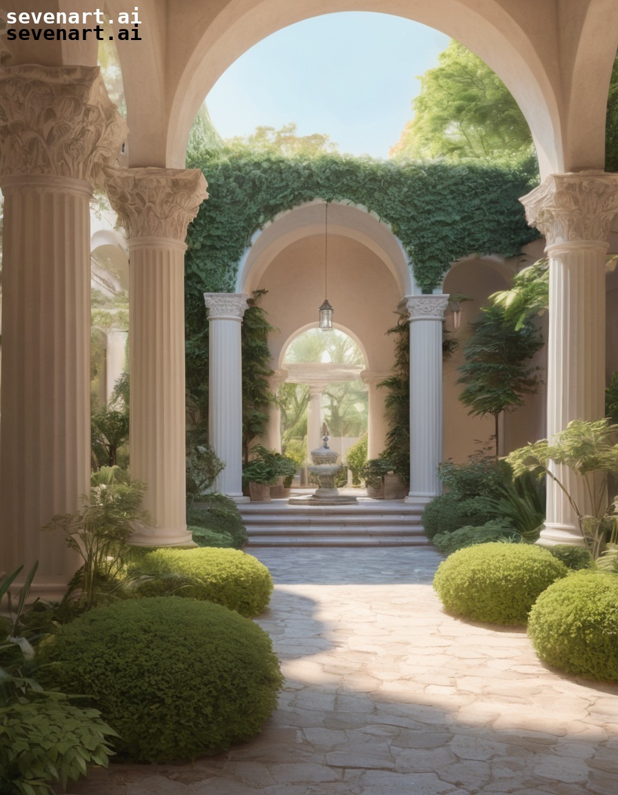 serene, garden courtyard, columns, archways, elegant