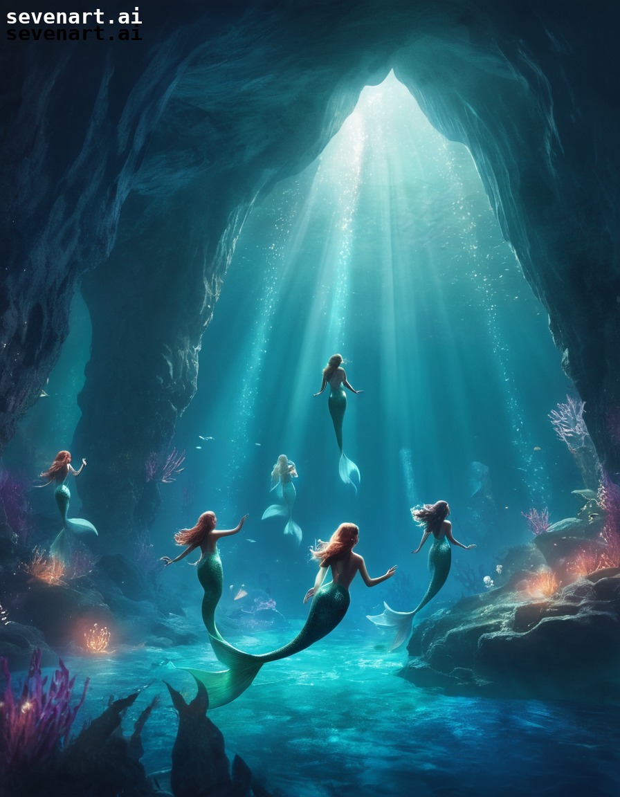 fantasy, mermaids, underwater, caves, playful