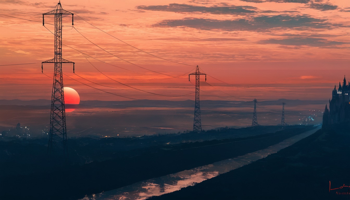 building, city, clouds, digital, electricity, environments, forest, game, indie, industrial, landscape, light, oil, painting, print, red, reflection, river, scape, scenery, sky, sundown, sunset, tower, wallpaper, art, aenami