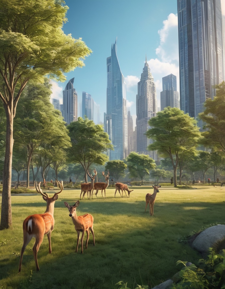 wildlife, urban landscape, deer, skyscrapers