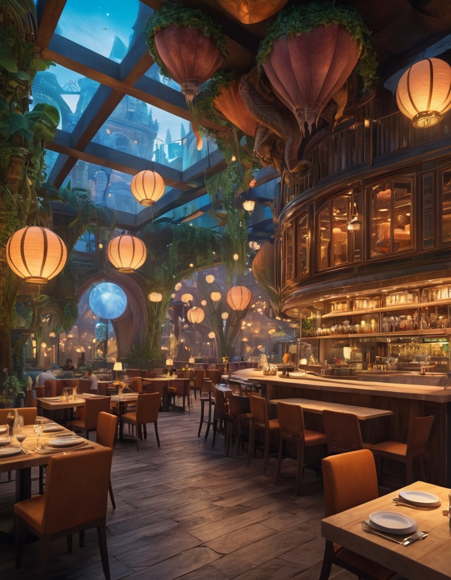 fantasy, restaurant, fictional creatures, city, imaginary, magical, dining experience