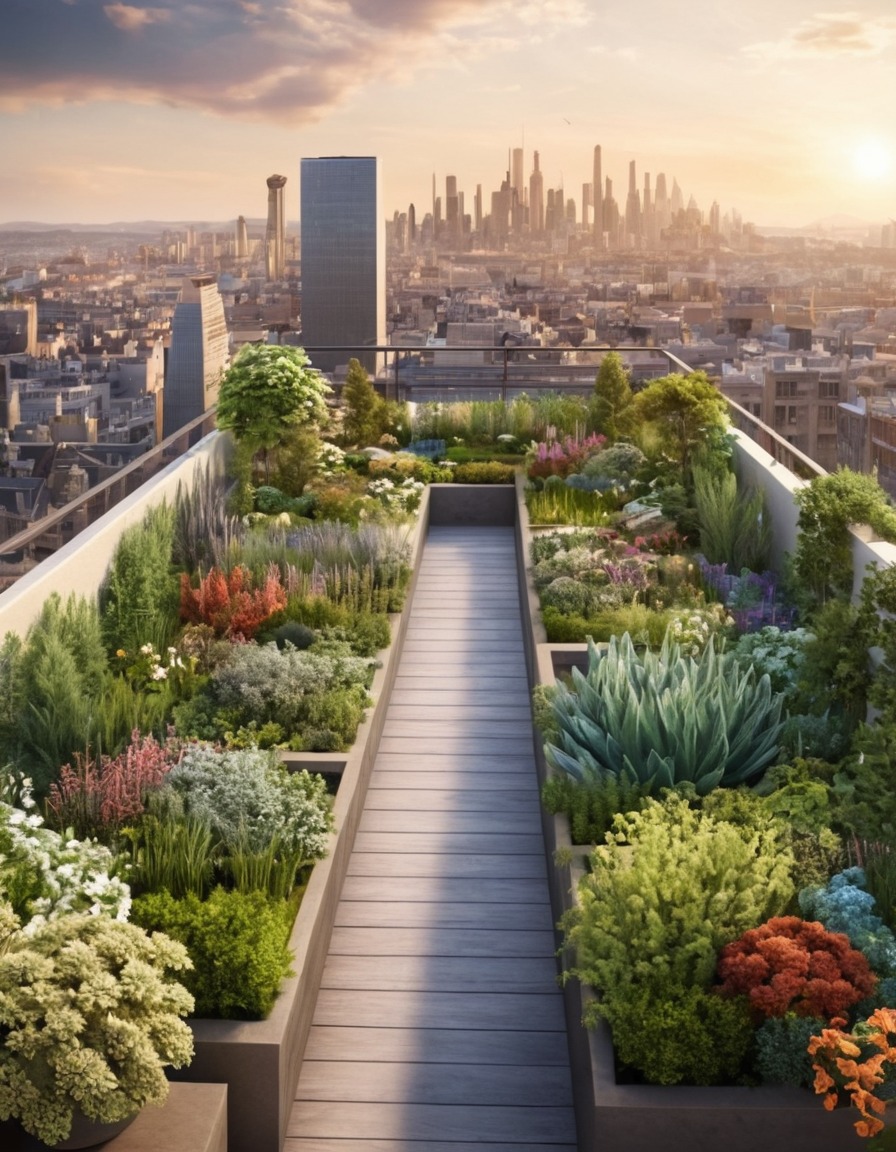 cityscape, rooftop garden, panoramic view, urban oasis, skyline, nature, city