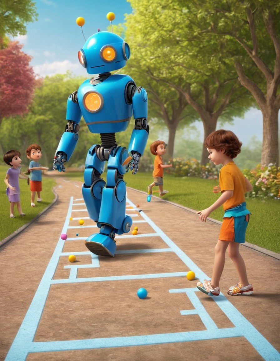 robot, hopscotch, children, playtime, technology, interaction, artificial intelligence