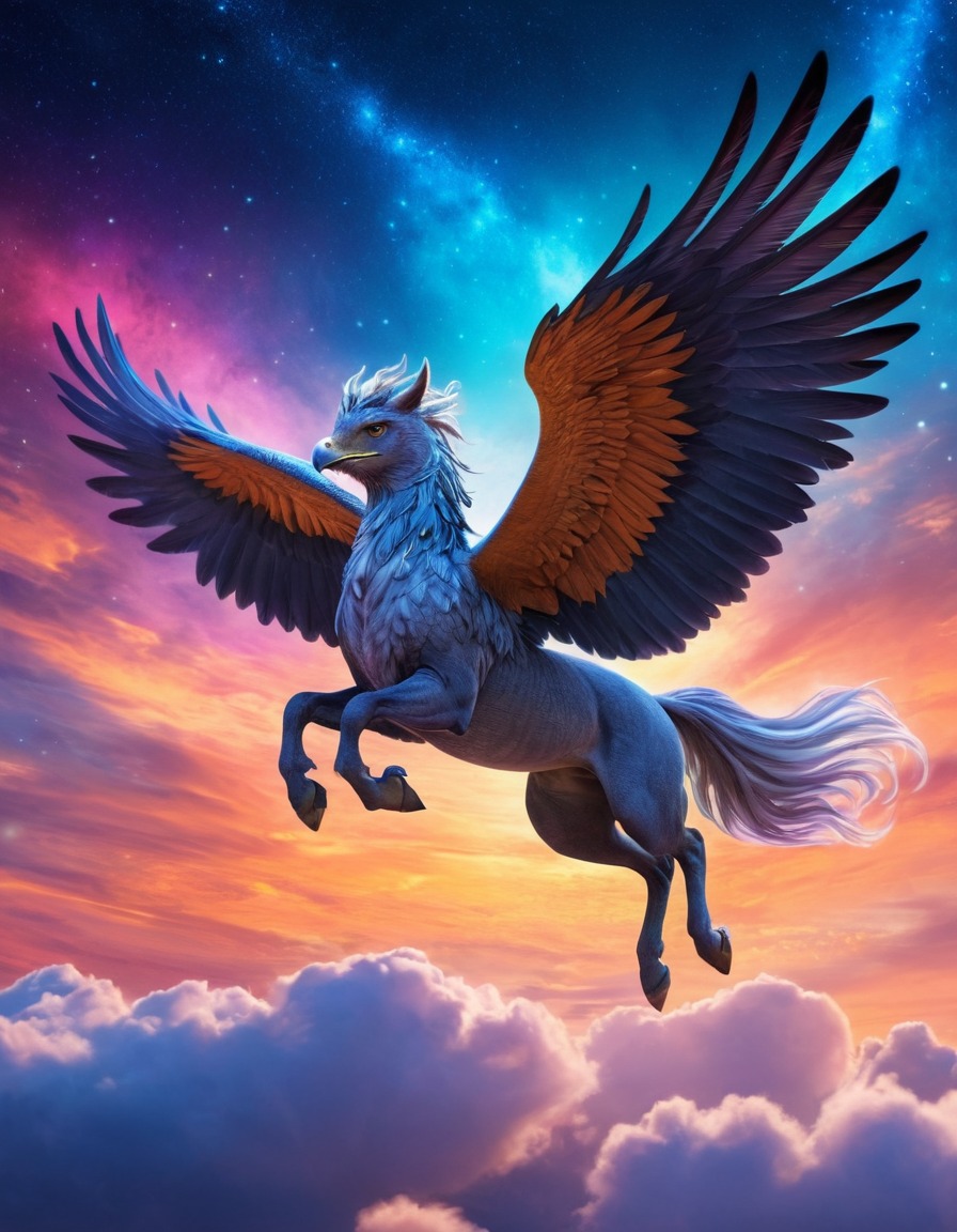 hippogriff, majestic, fantasy, mythical creature, sky, clouds, stars