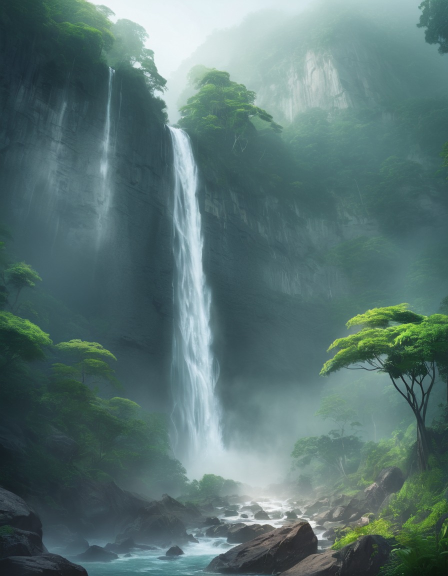 nature, waterfall, lush, greenery, peaceful