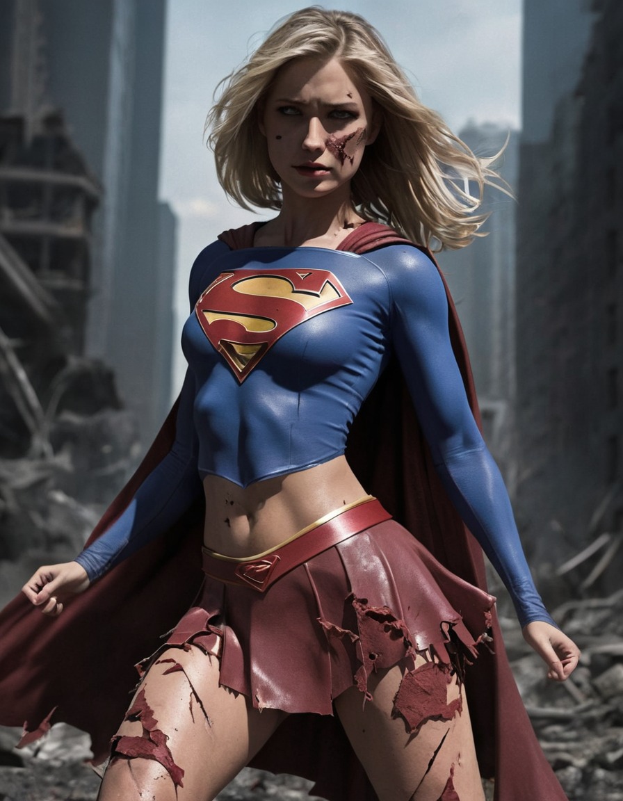 supergirl, superhero, illustration, battle, torn costume