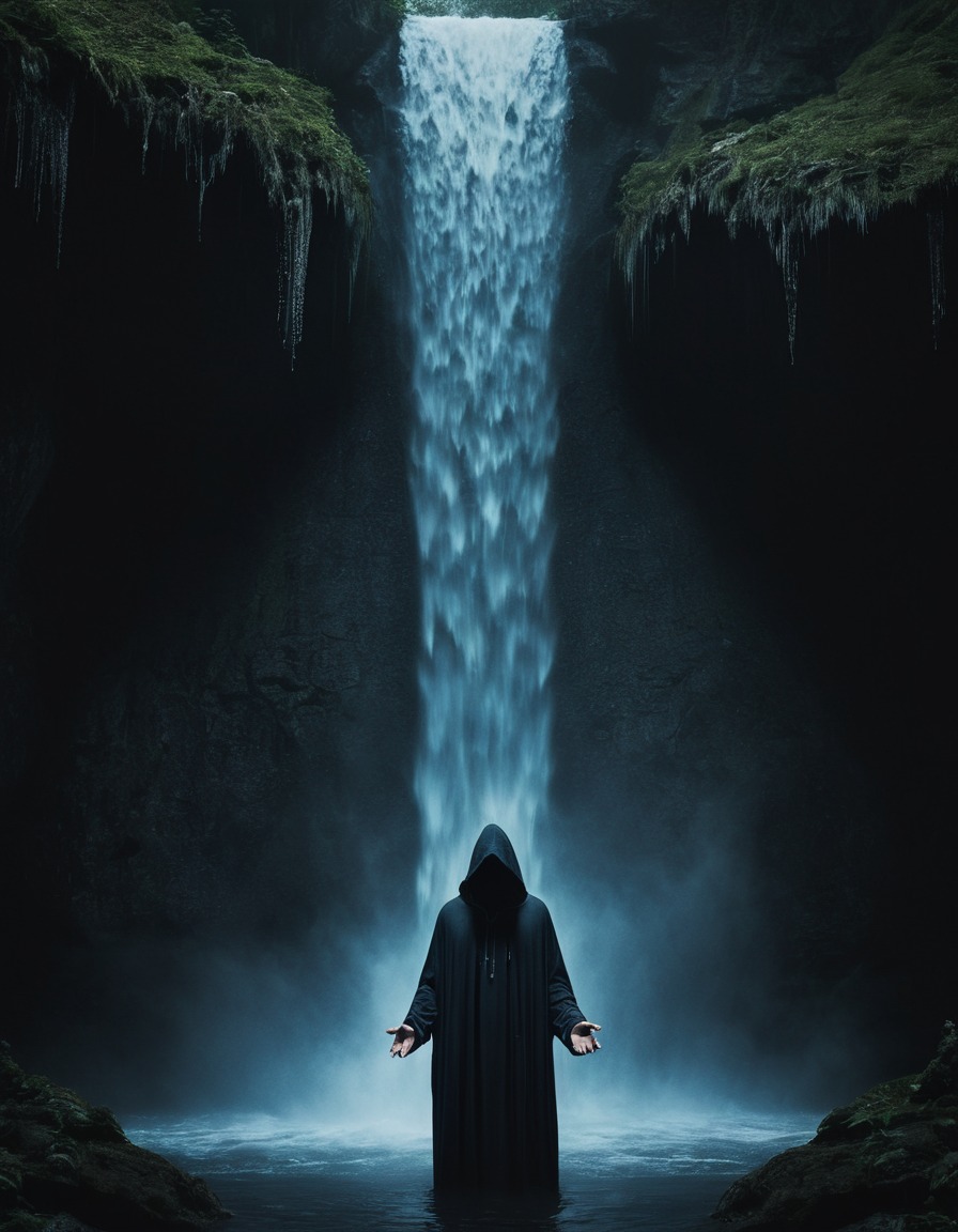 mystical, hooded figure, chanting, waterfall