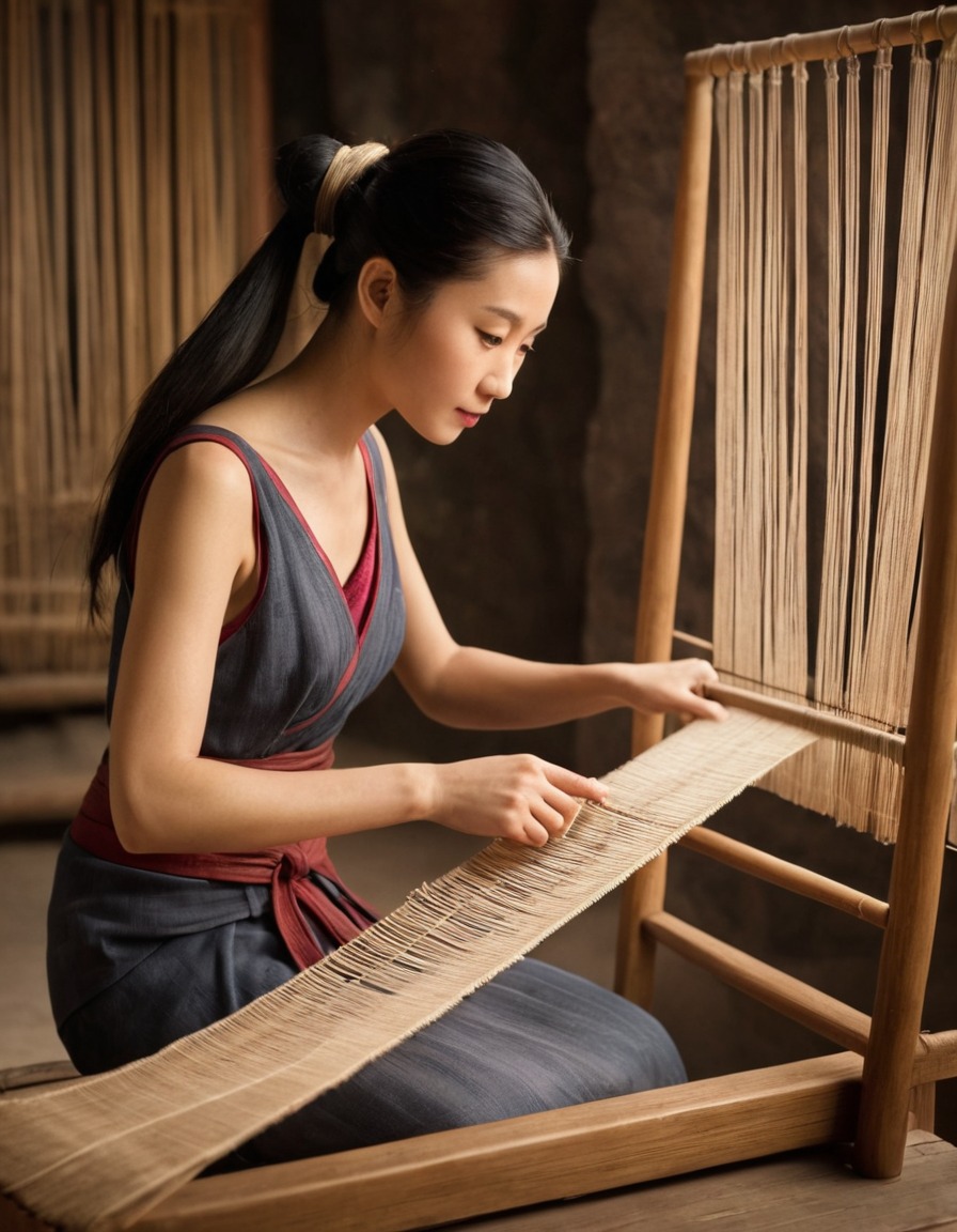 ancient china, woman, weaving, loom, craftsmanship, textile art, 1000 bc