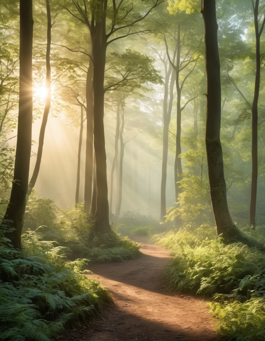 nature, misty, morning, woodland, peaceful, sunlight, trees