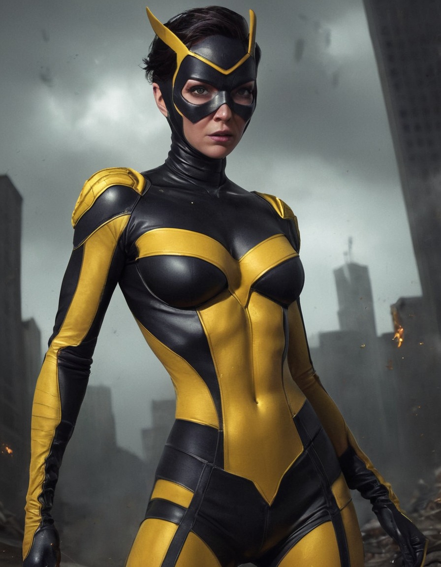 wasp, superhero, torn clothes, battle, action, fierce