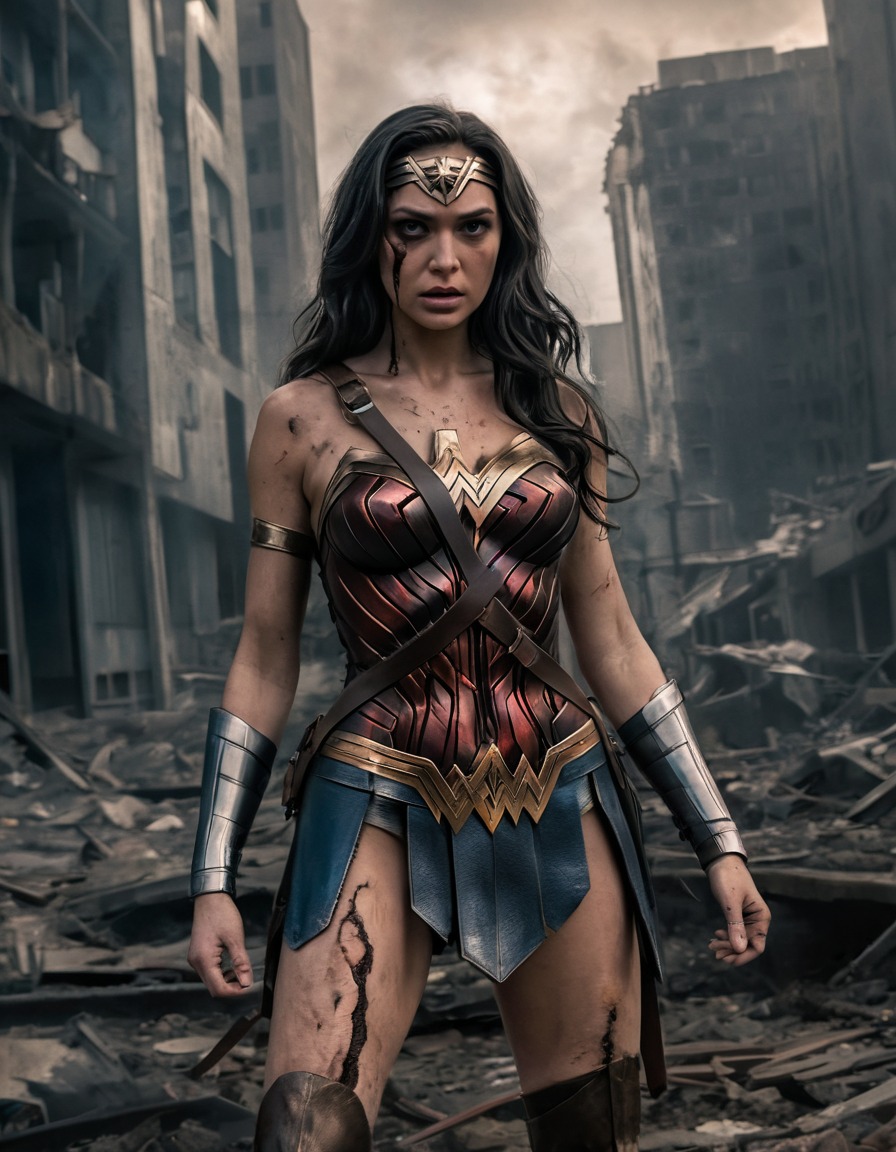 wonder woman, dc comics, superhero, post-apocalyptic, decay, glowing eyes, torn costume, zombie