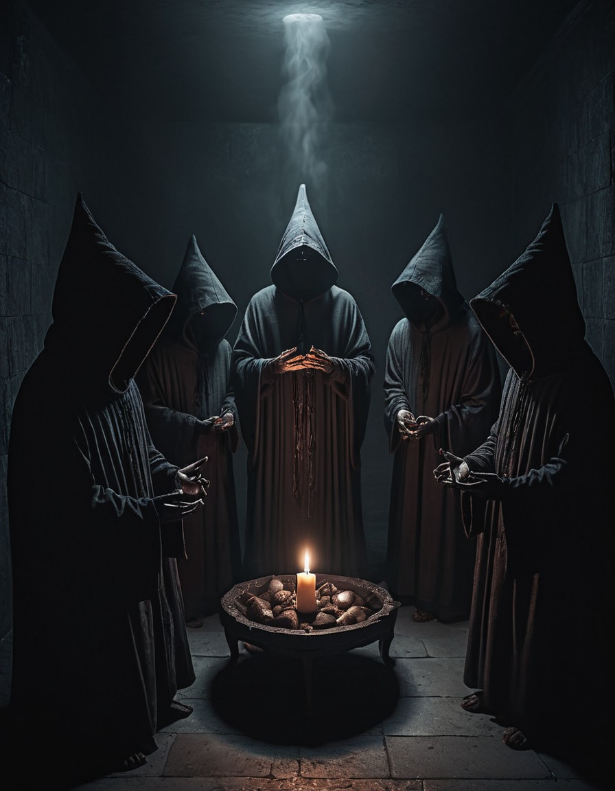 mysterious ritual, hooded figures, candlelit chamber, occultism, dark atmosphere, gothic, underground, dark