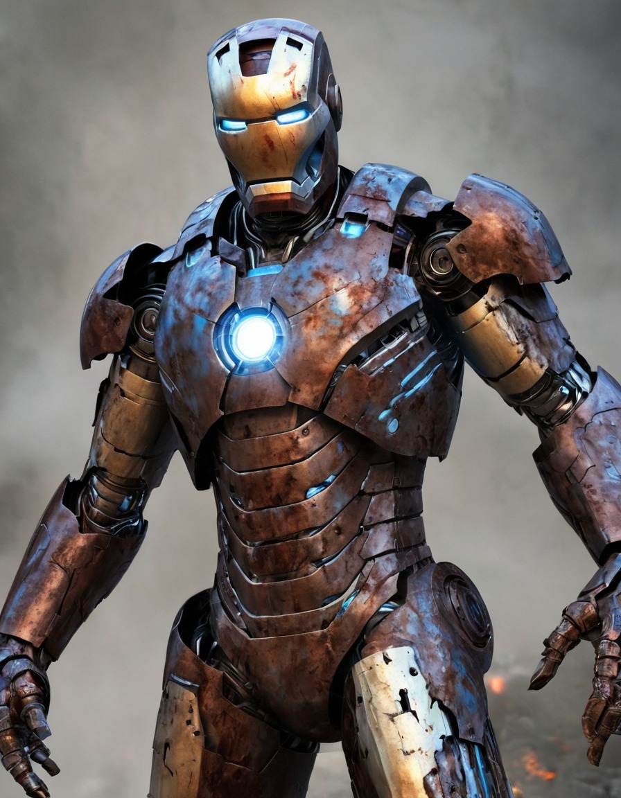 iron man, zombie, glowing eyes, rusted armor, marvel