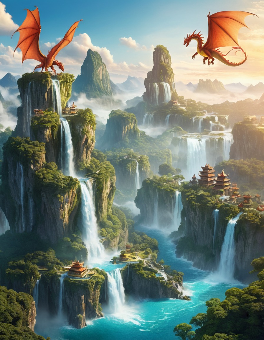 dragon, mythical creature, fantasy, floating islands, waterfalls, fantastic