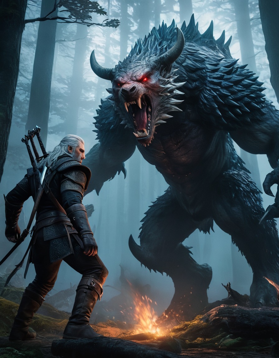 geralt, monster, battle, dark forest, computer games