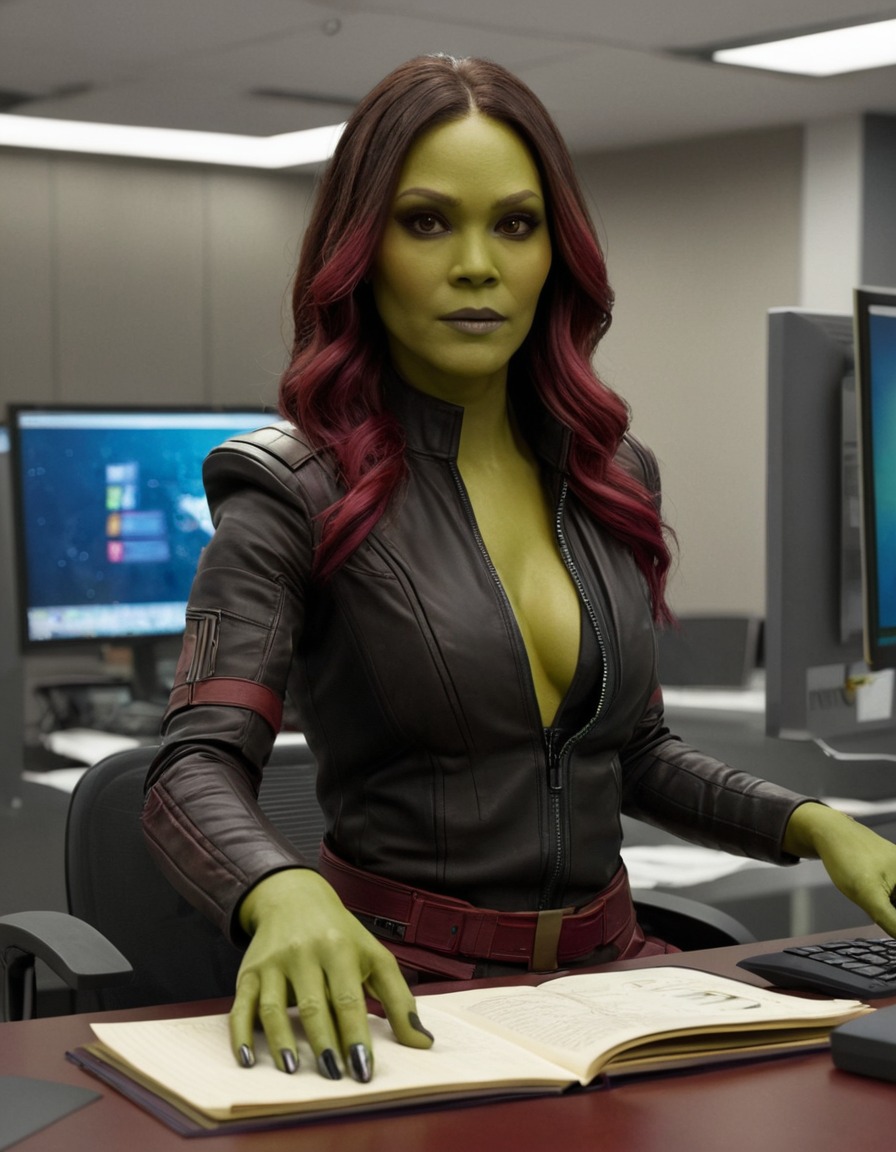 gamora, guardians of the galaxy, office worker, marvel, superhero, assassin, professional