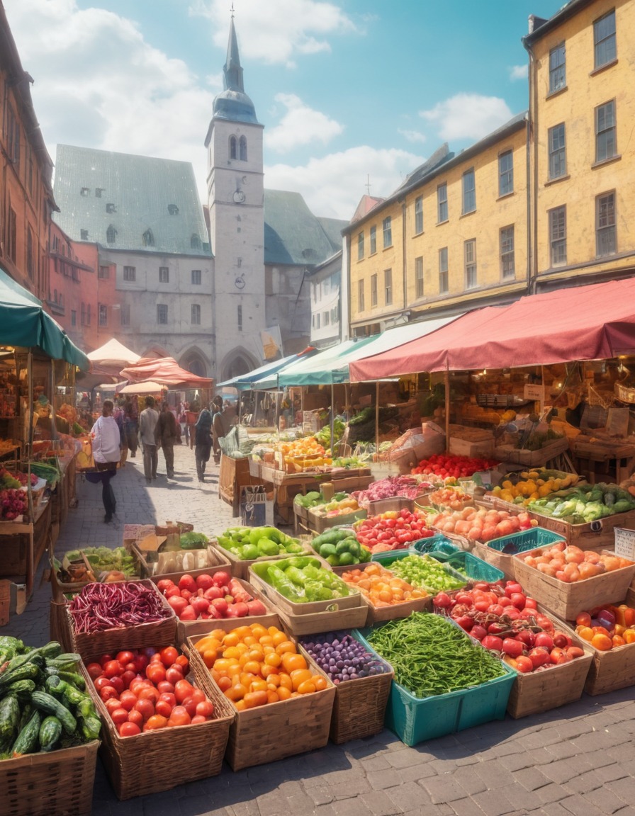 market, city, stalls, fresh produce, handmade goods, modern city