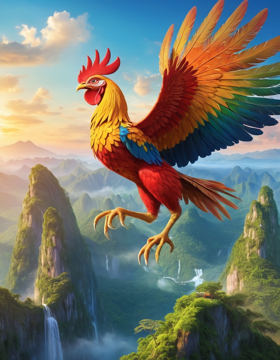 sarimanok, mythical creature, bird, colorful, lush landscape