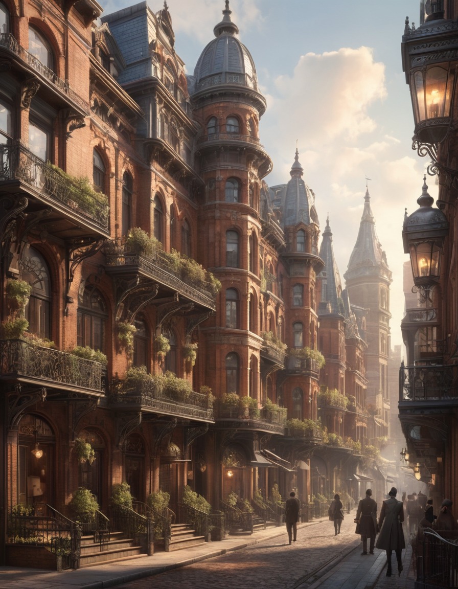 victorian era, cityscape, architecture, brick buildings, iron balconies