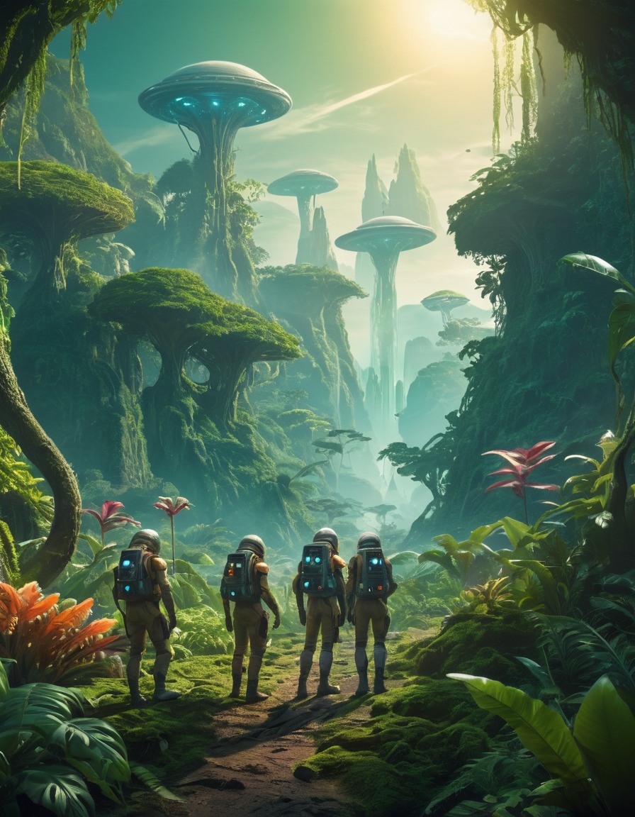 space exploration, alien planet, alien jungle, scientists, lush environment, extraterrestrial, adventure