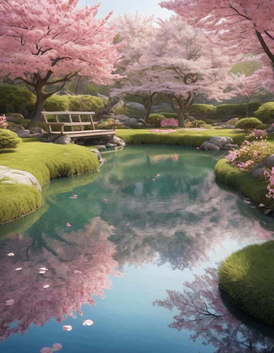 cherry blossoms, garden, pond, tranquility, nature