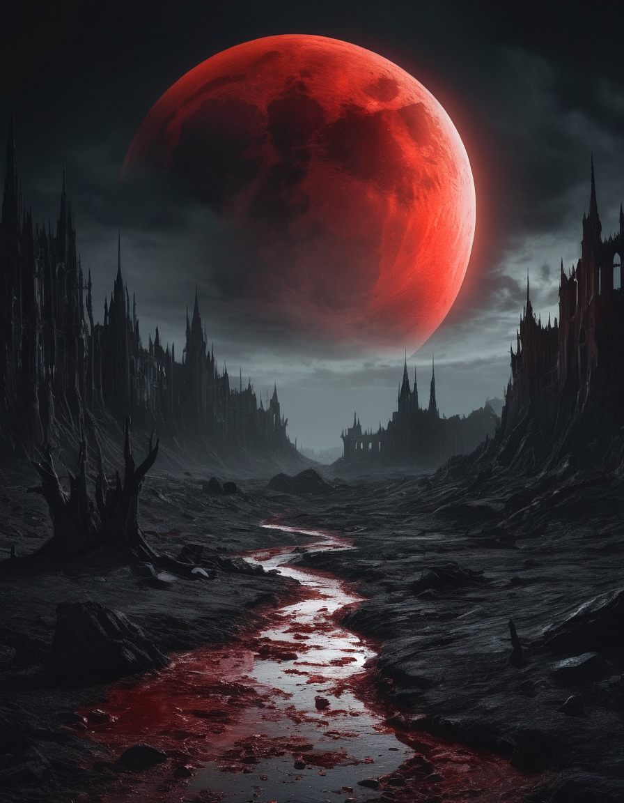 blood red moon, ominous glow, desolate landscape, gothic architecture, gothic, underground, dark